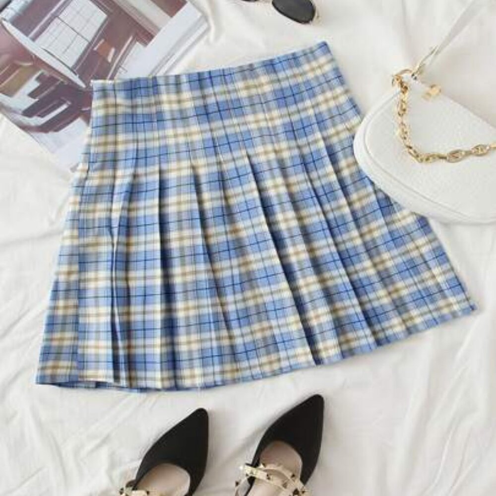Light Blue & Yellow Plaid Pleated Skirt